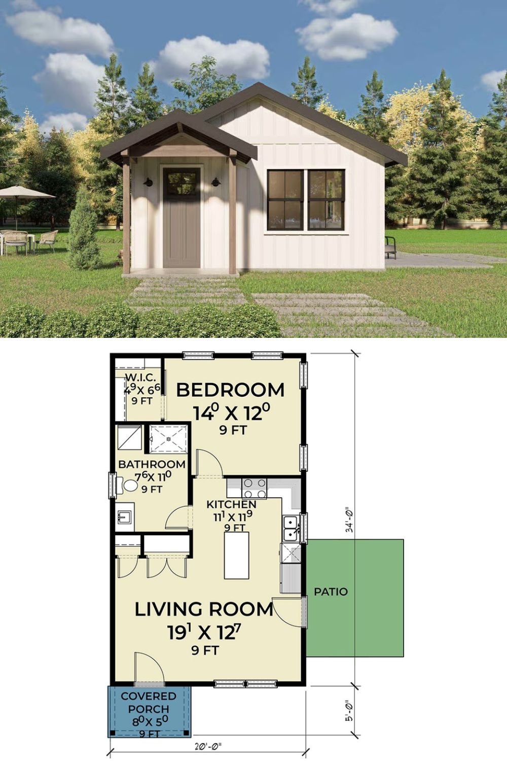 Farmhouse-Style 1-Bedroom ADU with Covered Front Porch (Floor Plan)