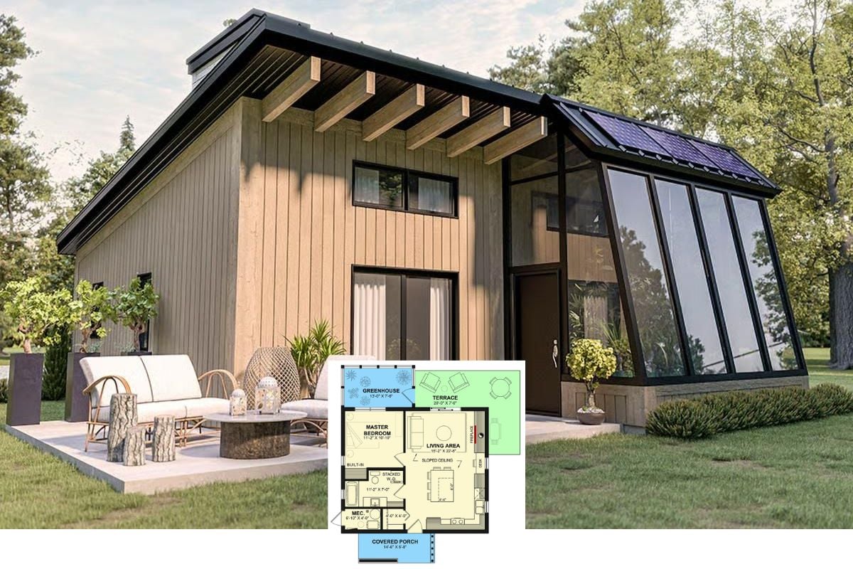 1-Bedroom Modern ADU Home with Front Porch and Greenhouse (Floor Plan)