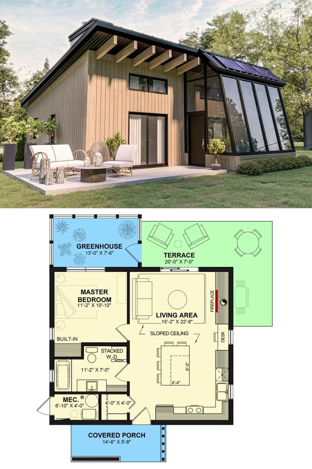 1-Bedroom Modern ADU Home with Front Porch and Greenhouse (Floor Plan)