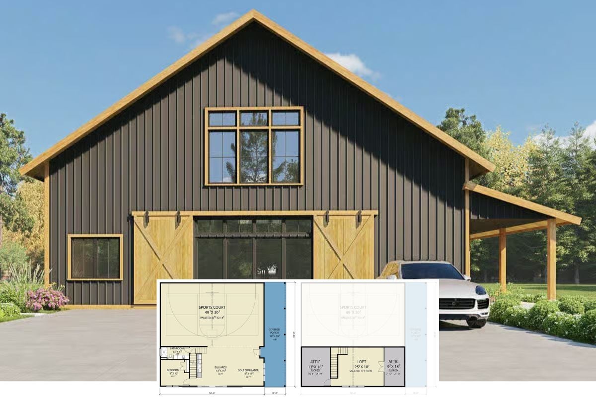 Modern 1-Bedroom Barndominium with Loft and Sports Court (Floor Plan)