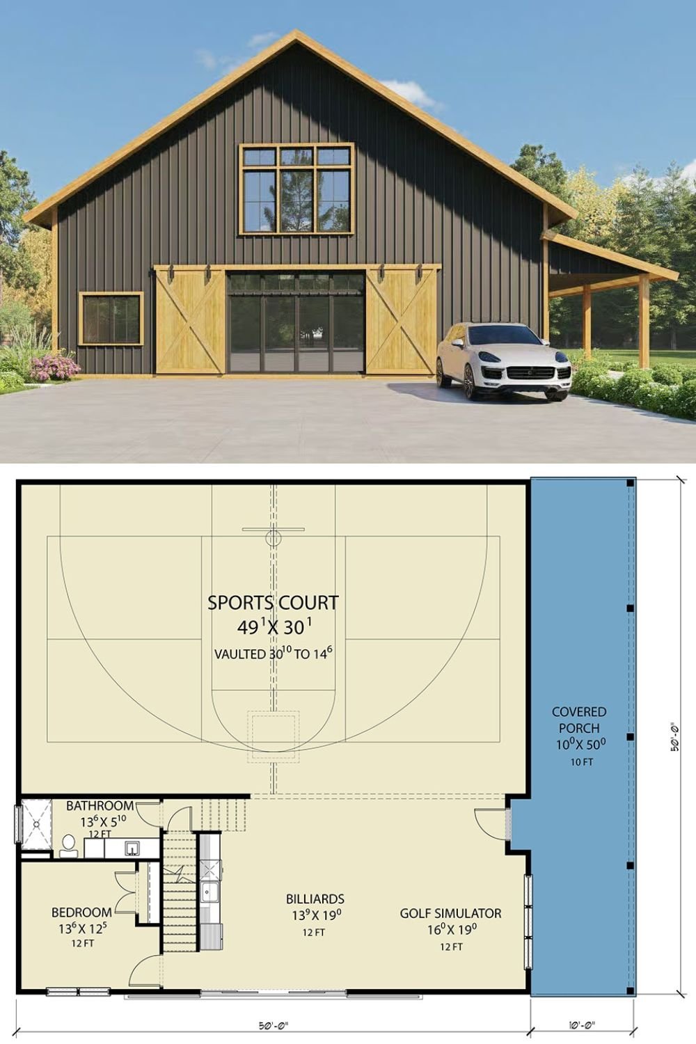 Modern 1-Bedroom Barndominium with Loft and Sports Court (Floor Plan)