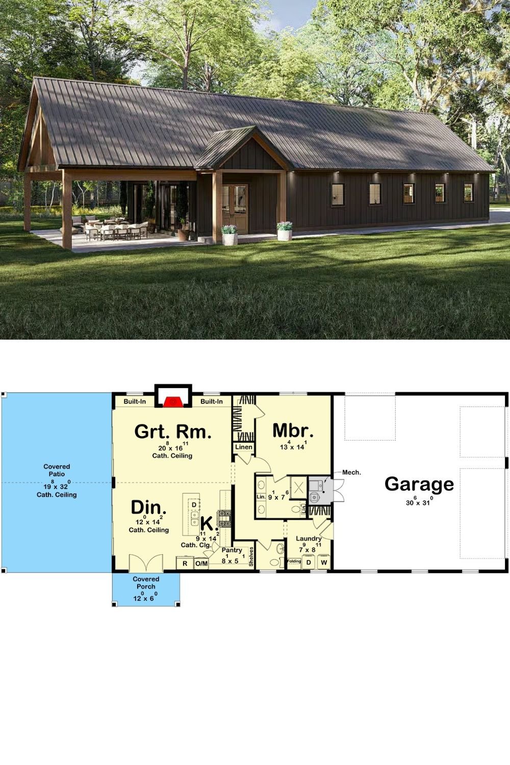 Modern 1-Bedroom Barndominium with 3-Car Garage and Covered Patio (Floor Plan)