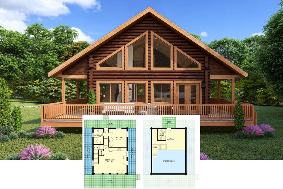 Rustic 1-Bedroom Log Cabin with Loft and Wraparound Porch (Floor Plan)