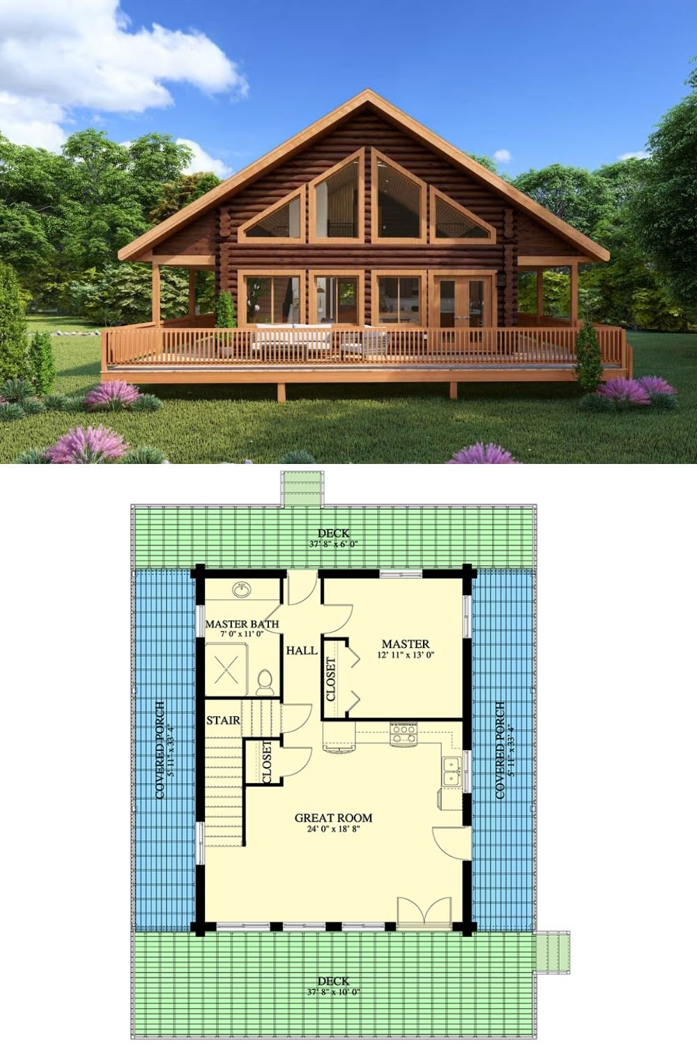 Rustic 1-Bedroom Log Cabin with Loft and Wraparound Porch (Floor Plan)