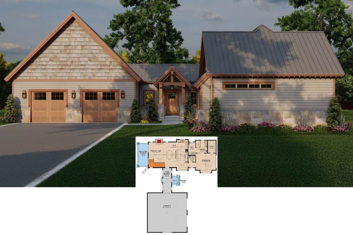 Craftsman-Style 1-Bedroom Mountain Ranch with Bonus Space and Double Garage (Floor Plan)