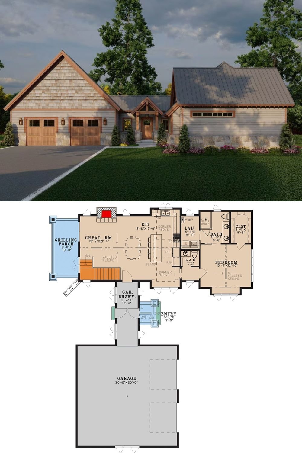 Craftsman-Style 1-Bedroom Mountain Ranch with Bonus Space and Double Garage (Floor Plan)