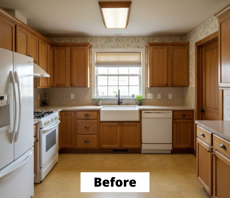 Before image of outdated kitchen