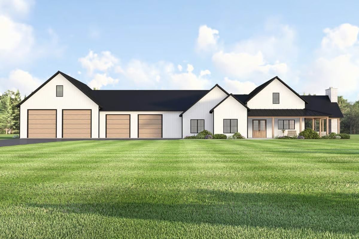 Modern Barndominium-Style 3-Bedroom Home for a Wide Lot with Loft and Wraparound Porch (Floor Plan)