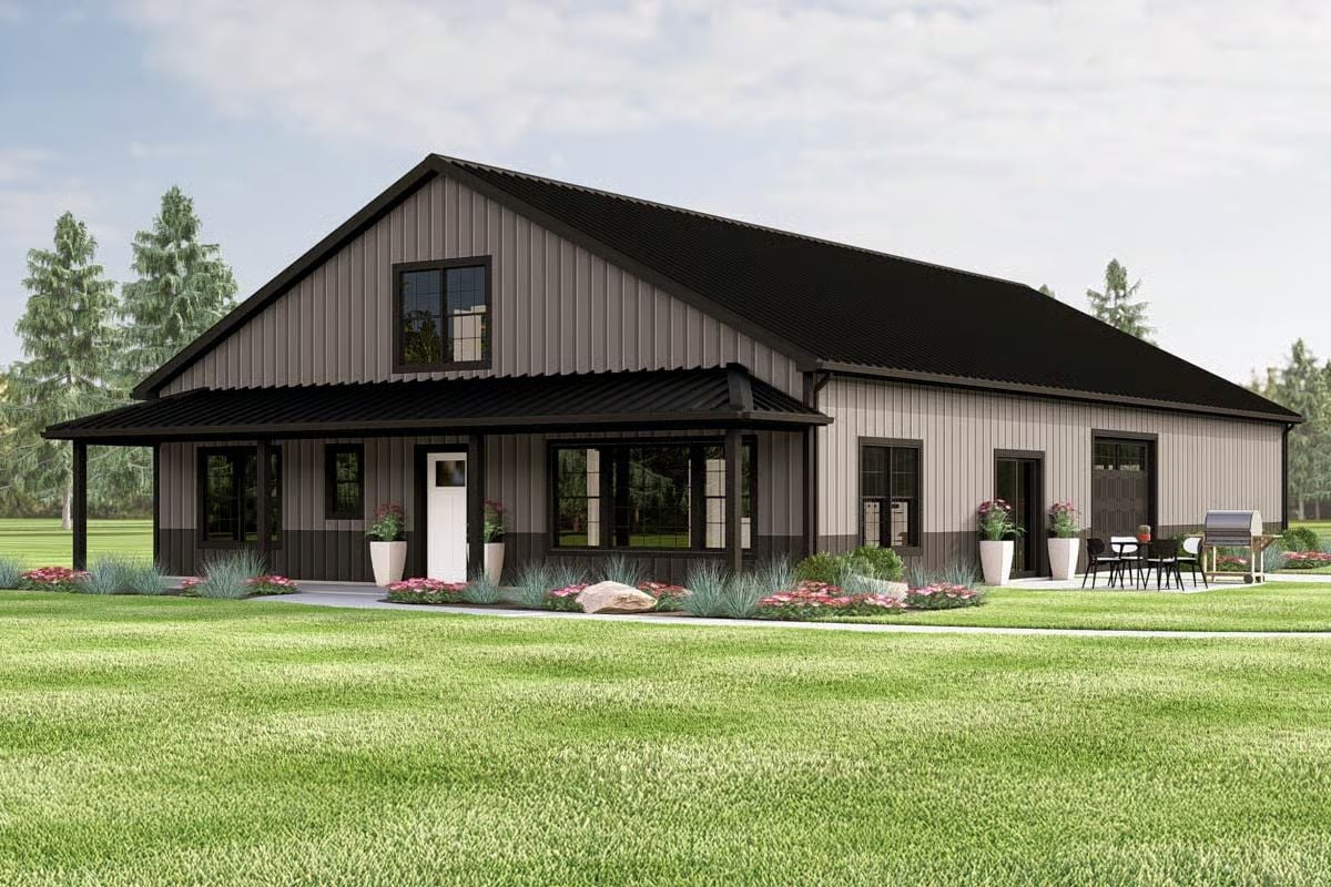 Barndominium-Style 3-Bedroom Home with Loft and Front Porch (Floor Plan)