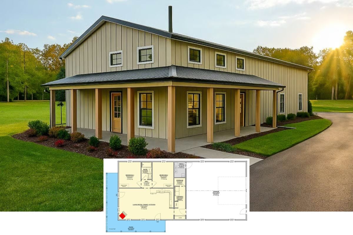 2-Bedroom Barndominium with Open Living Space and Wraparound Porch (Floor Plan)