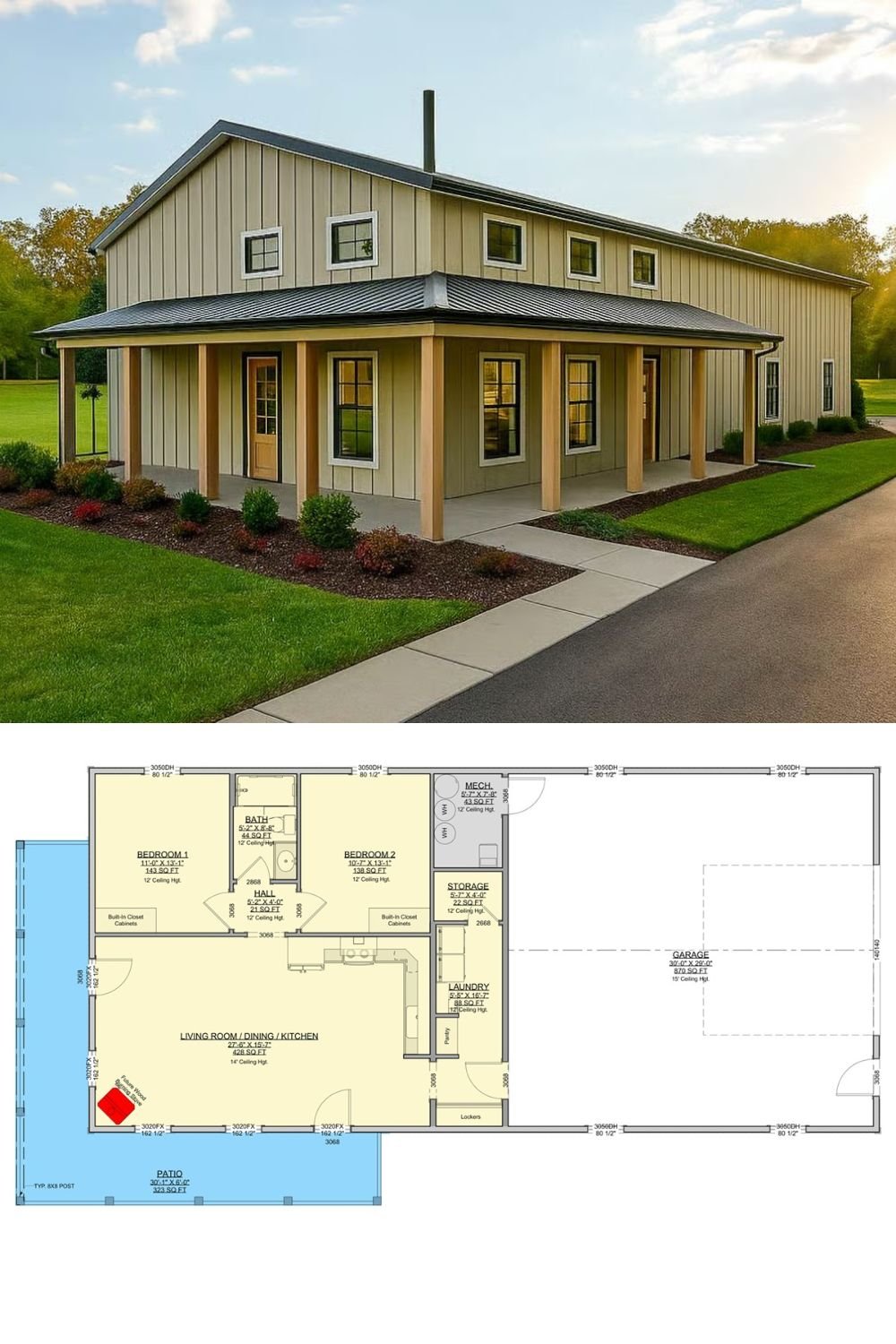 2-Bedroom Barndominium with Open Living Space and Wraparound Porch (Floor Plan)