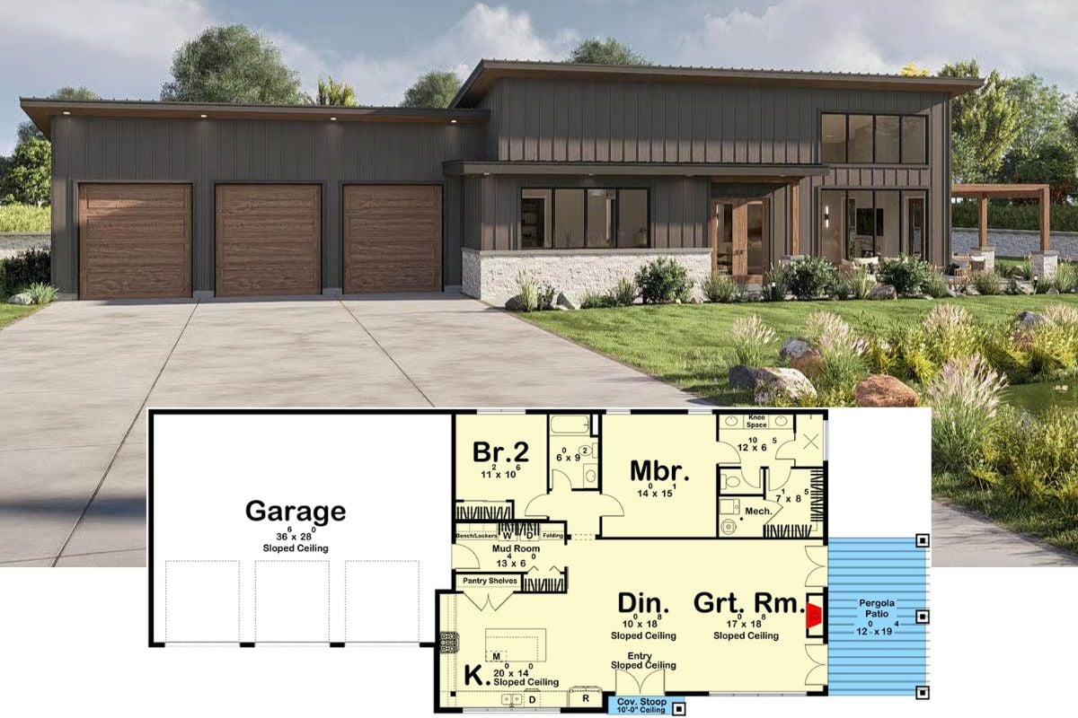 2-Bedroom Contemporary Barndominium with Pergola Patio and Open-Concept Living (Floor Plan)