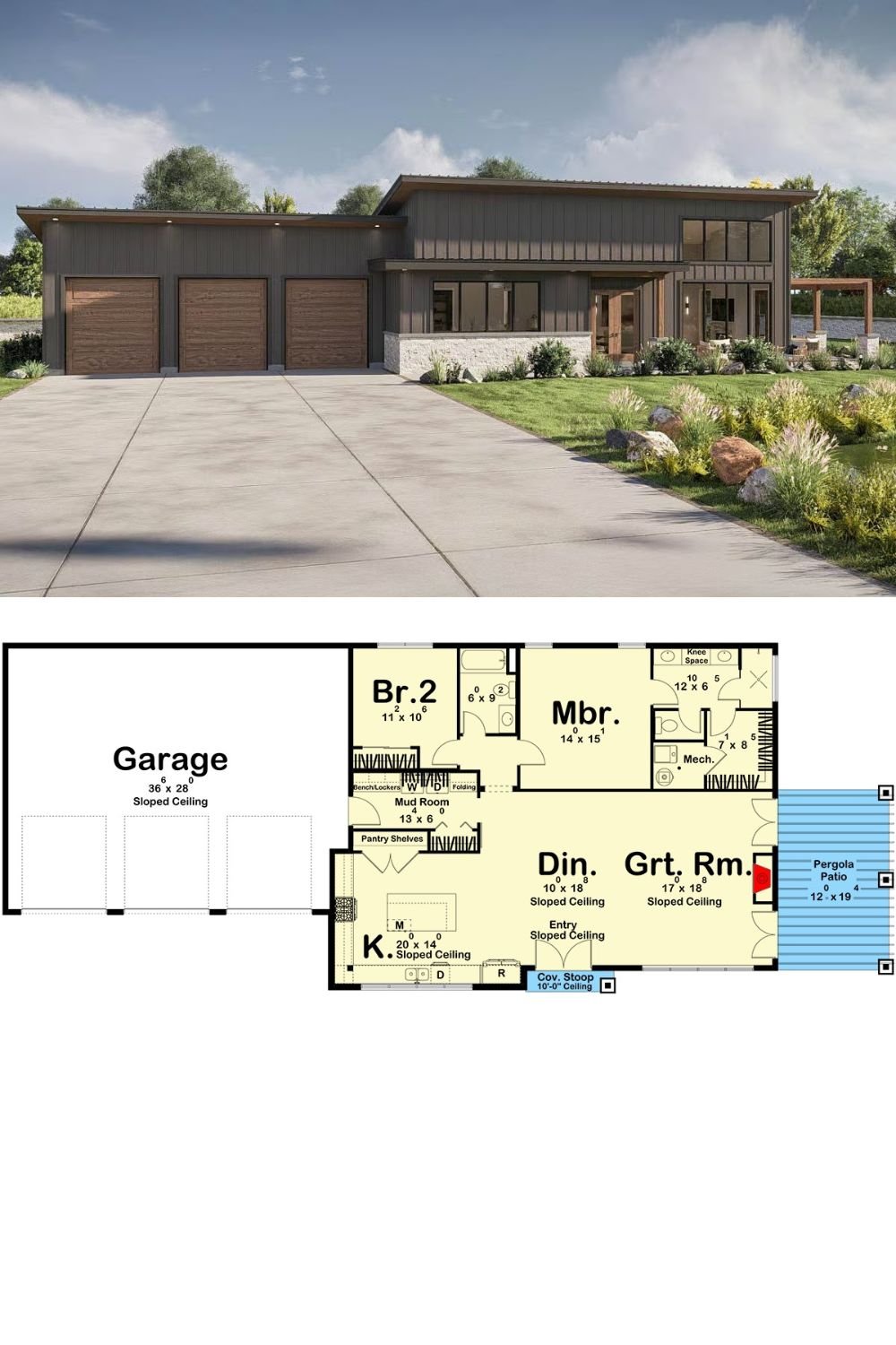 2-Bedroom Contemporary Barndominium with Pergola Patio and Open-Concept Living (Floor Plan)