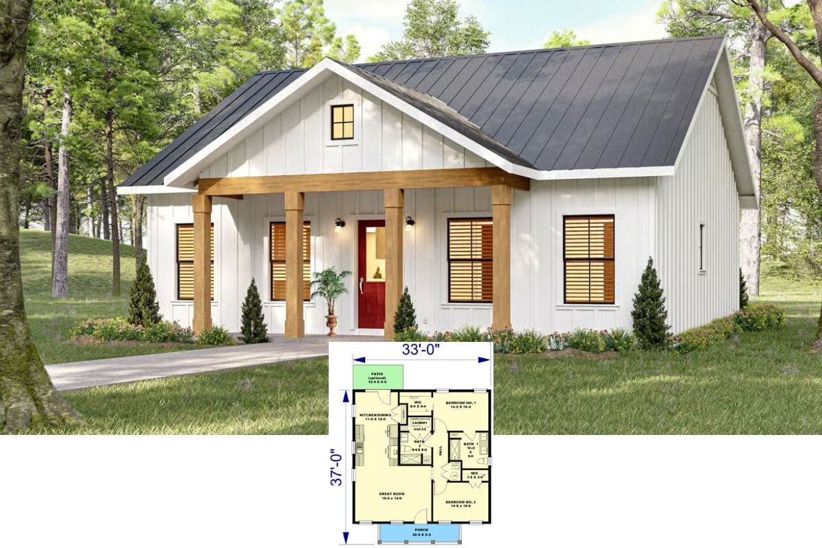 Cottage-Style Home with 2 Bedrooms and a Front Porch (Floor Plan)