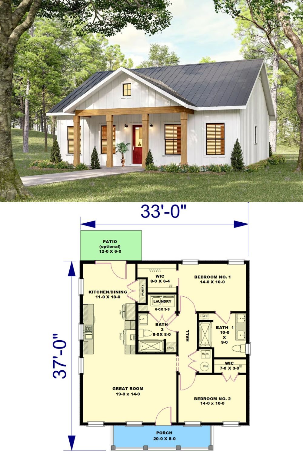 Cottage-Style Home with 2 Bedrooms and a Front Porch (Floor Plan)