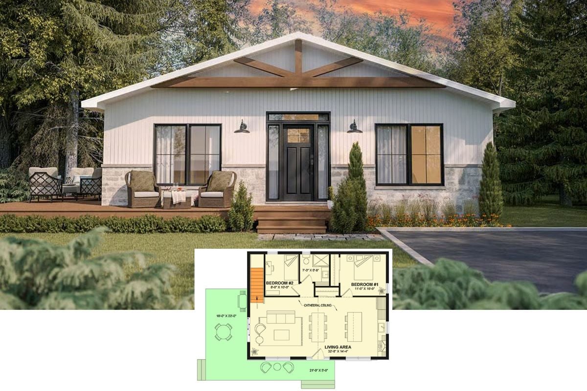 Country-Style Cottage with with 2 Bedrooms and a Wraparound Deck (Floor Plan)