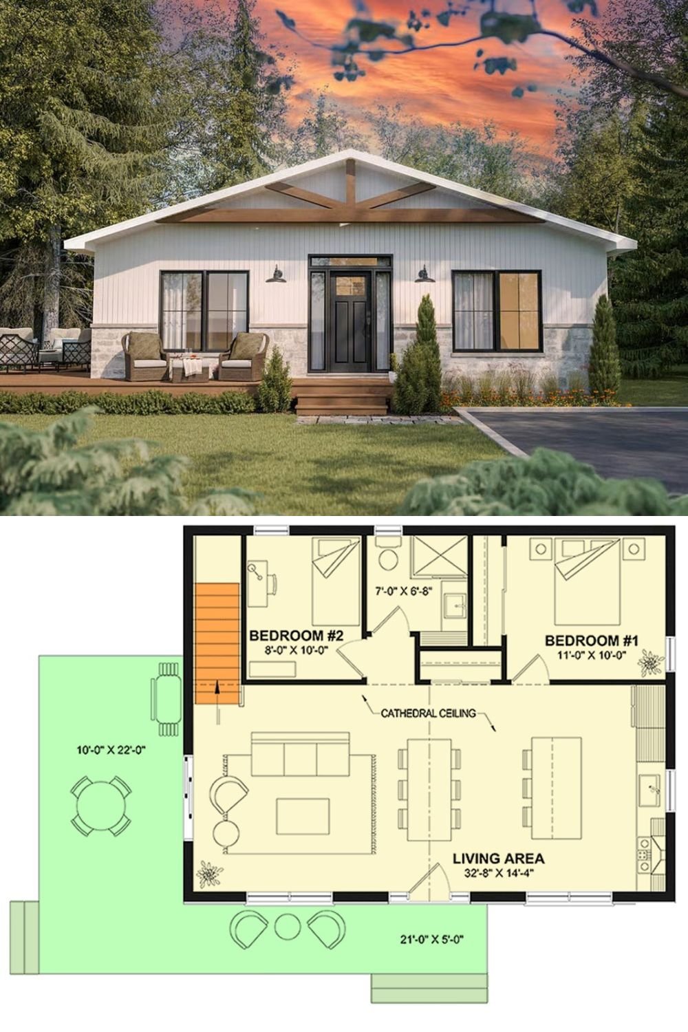 Country-Style Cottage with with 2 Bedrooms and a Wraparound Deck (Floor Plan)