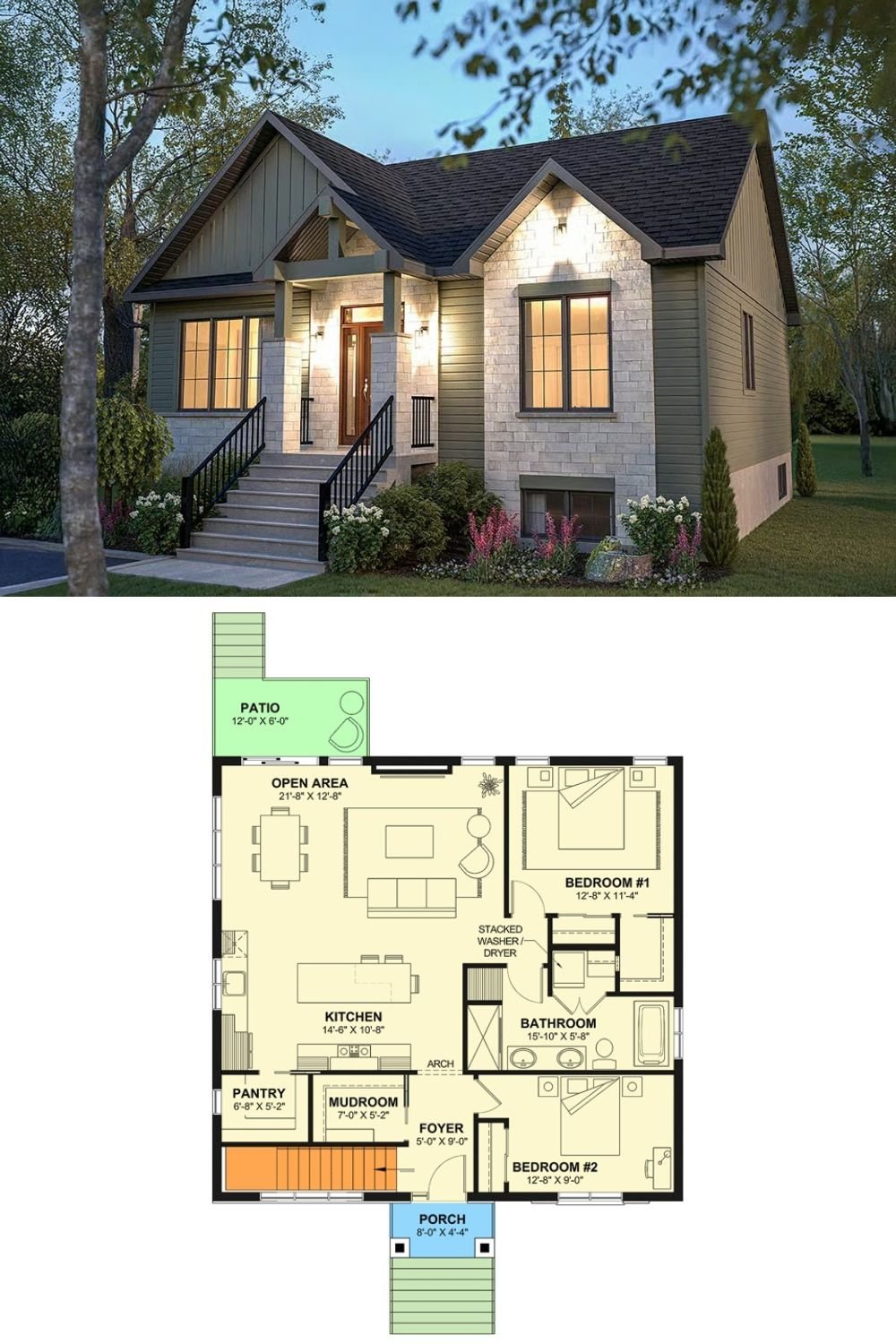Craftsman-Style Home with Open Layout and 2 Bedrooms (Floor Plan)