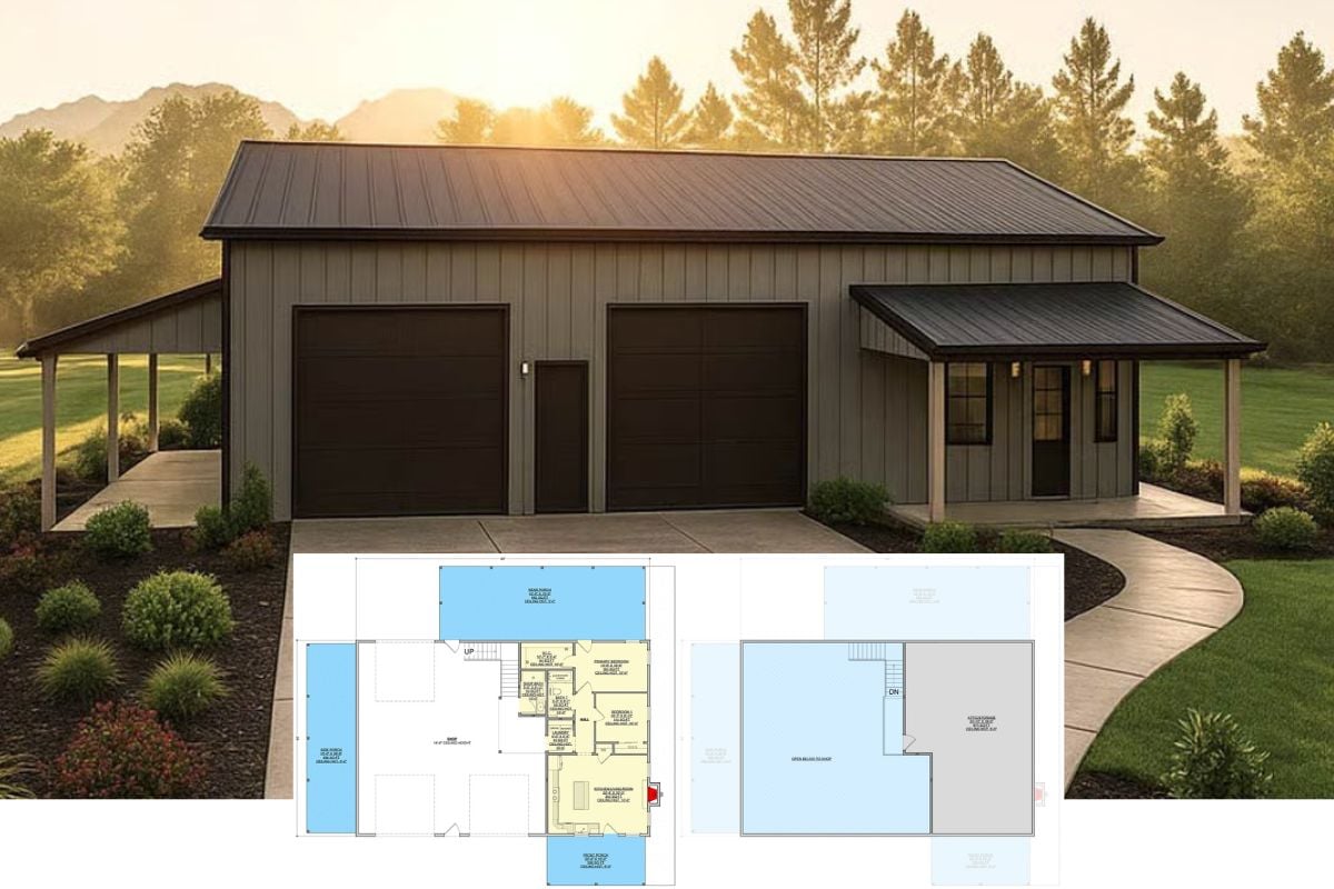Modern Barndominium-Style Home with 2 Bedrooms and 3-Car Garage (Floor Plan)