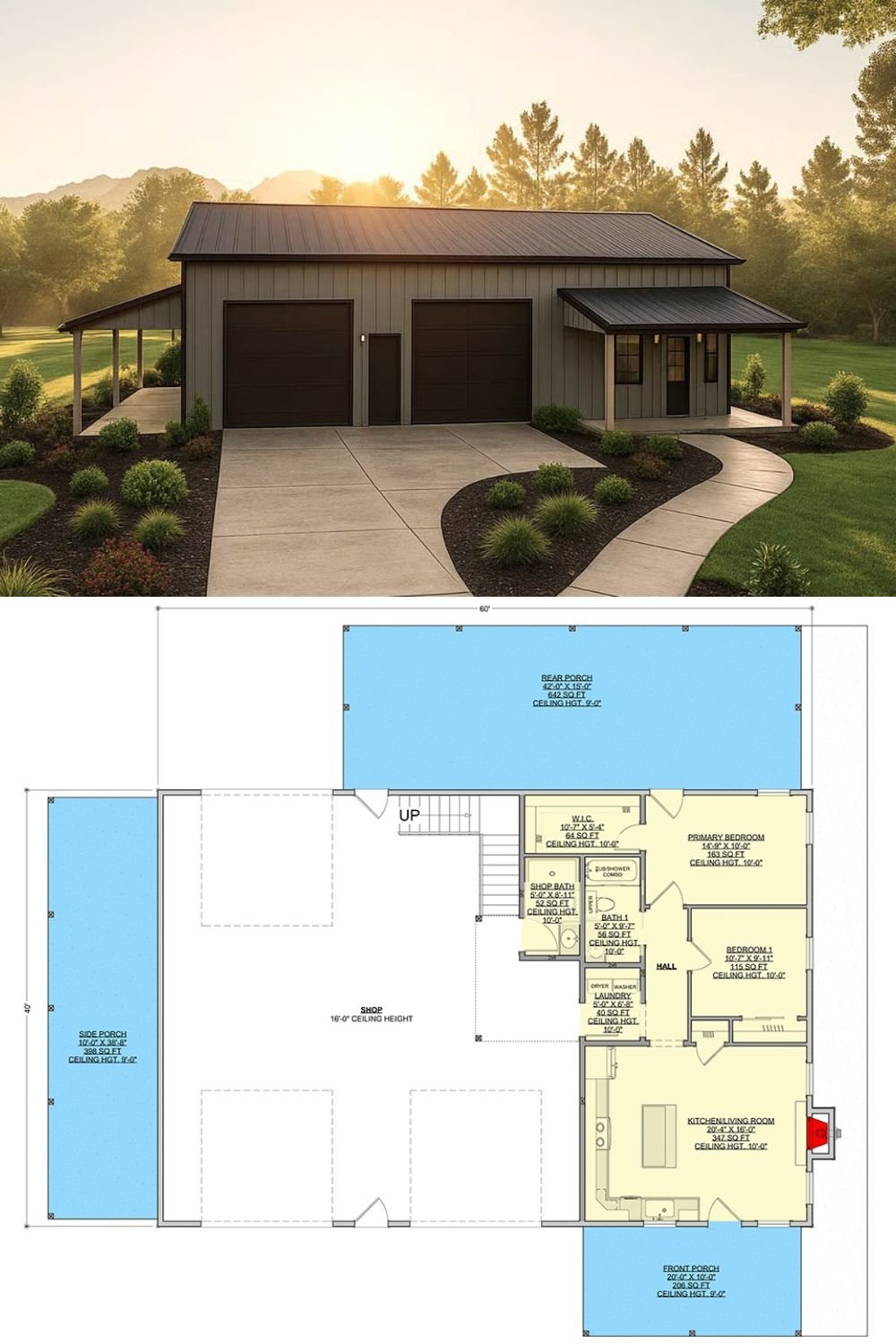 Modern Barndominium-Style Home with 2 Bedrooms and 3-Car Garage (Floor Plan)