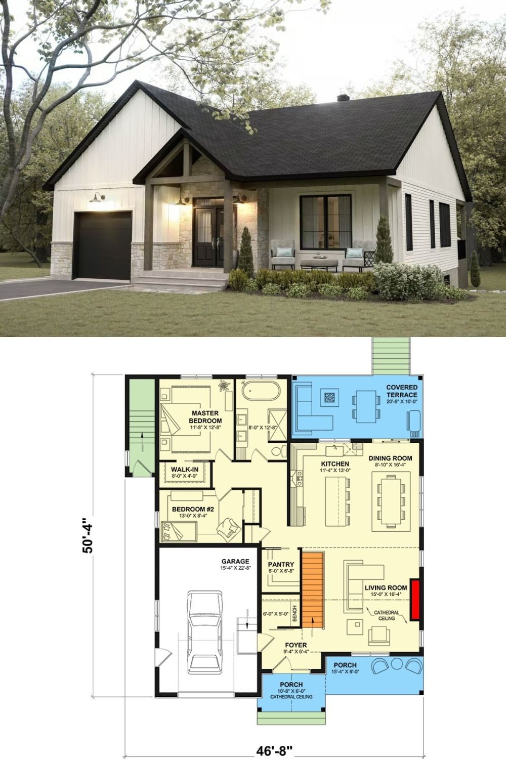 2-Bedroom Modern Cottage with Open Living Space and Covered Patio (Floor Plan)