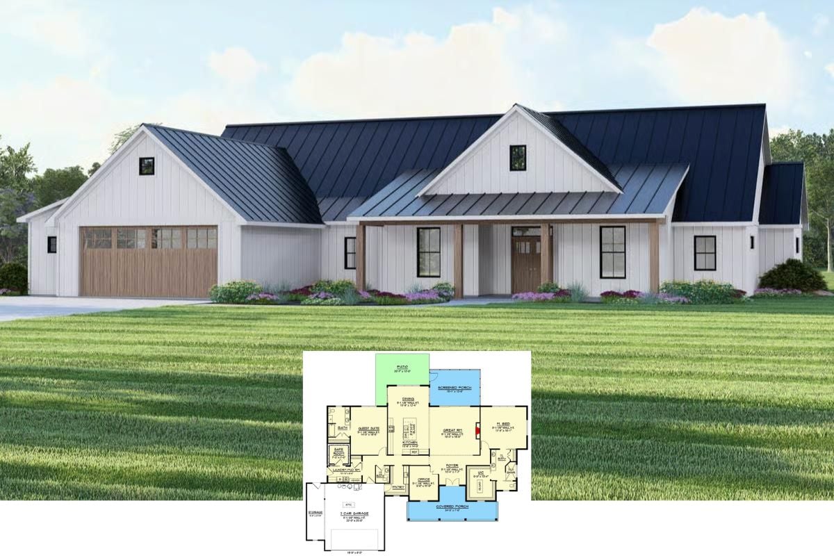 Modern Farmhouse-Style Ranch with 2 Bedrooms and Open-Concept Living (Floor Plan)