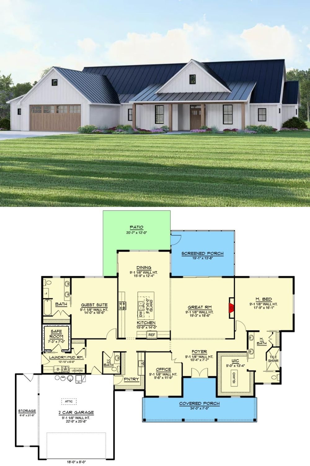 Modern Farmhouse-Style Ranch with 2 Bedrooms and Open-Concept Living (Floor Plan)