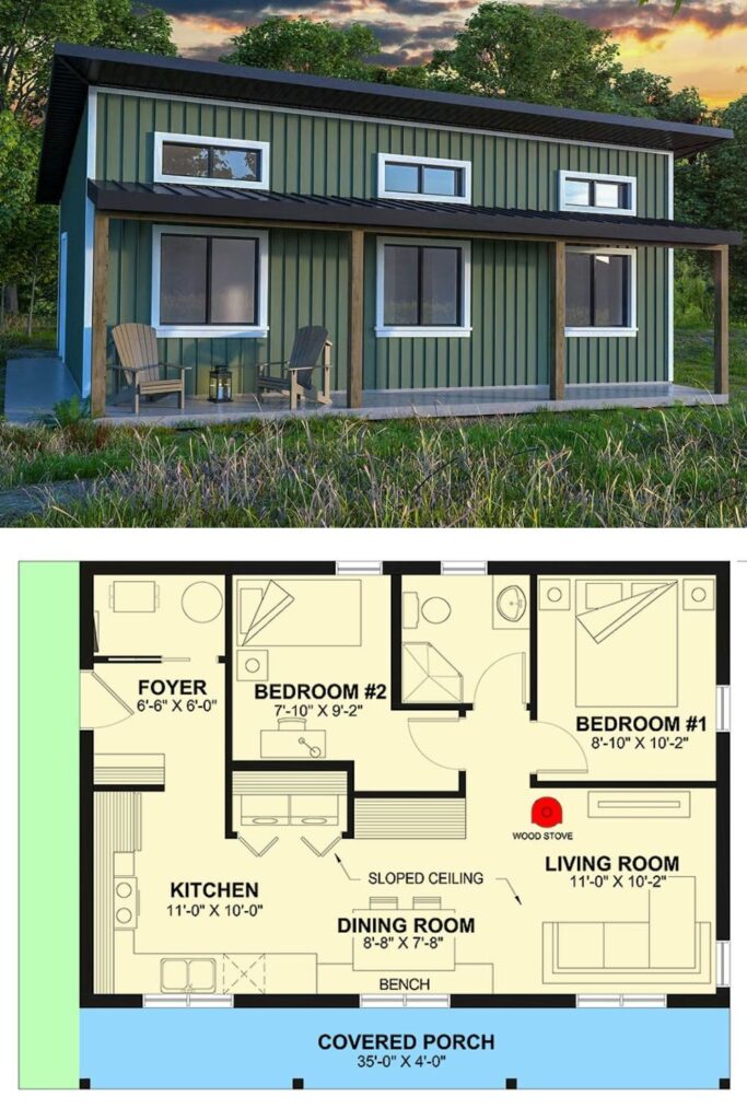 Modern-Style Home with 2 Bedrooms and a Covered Porch (Floor Plan ...