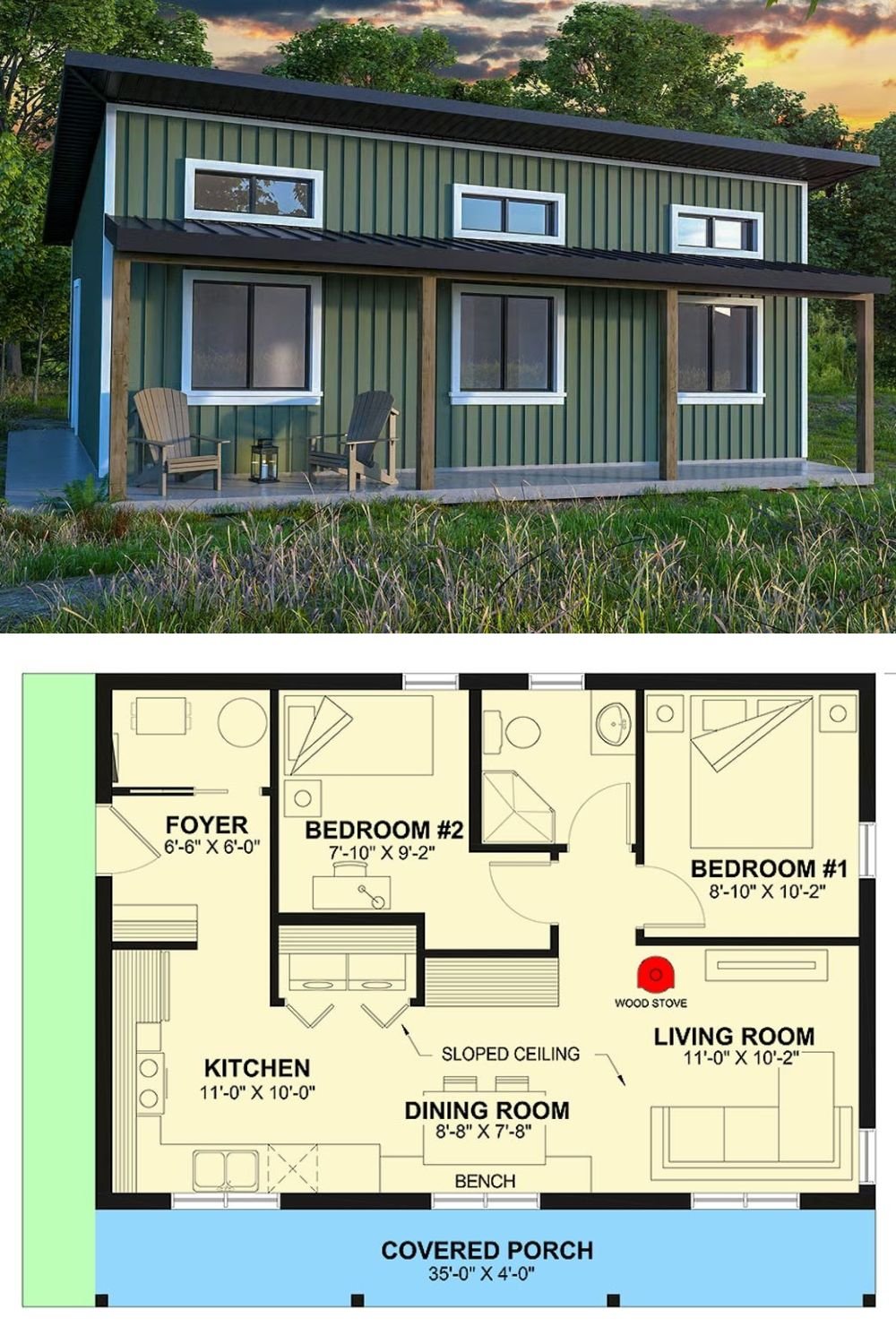 Modern-Style Home with 2 Bedrooms and a Covered Porch (Floor Plan)