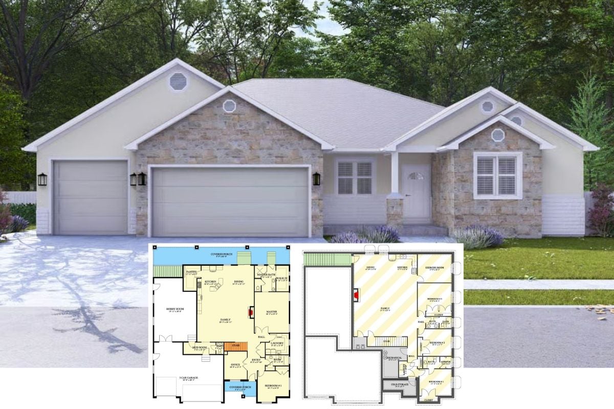 Ranch-Style 2-Bedroom Home with 3-Car Garage and Basement Expansion (Floor Plan)