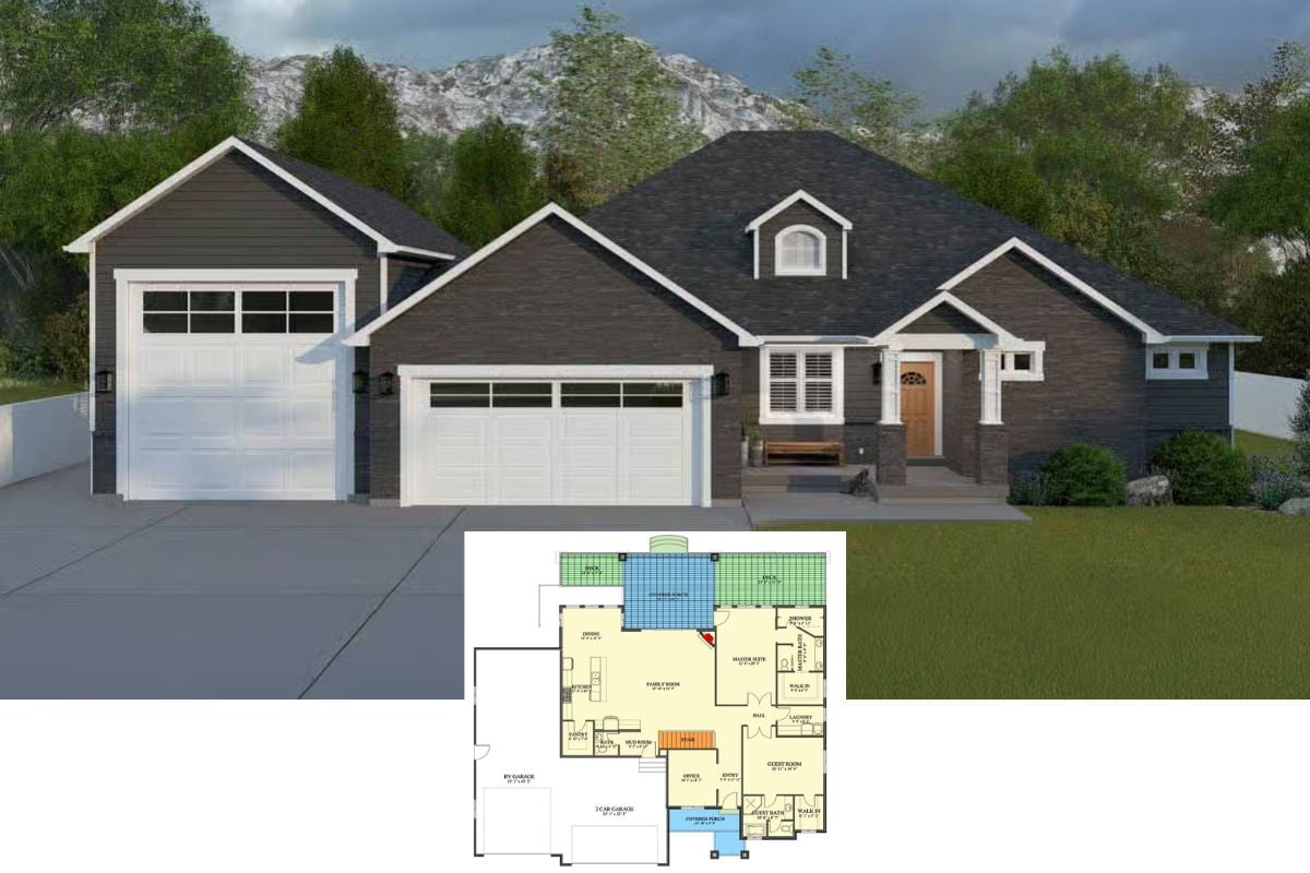 Traditional-Style 2-Bedroom Home with RV Garage and Basement Expansion (Floor Plan)
