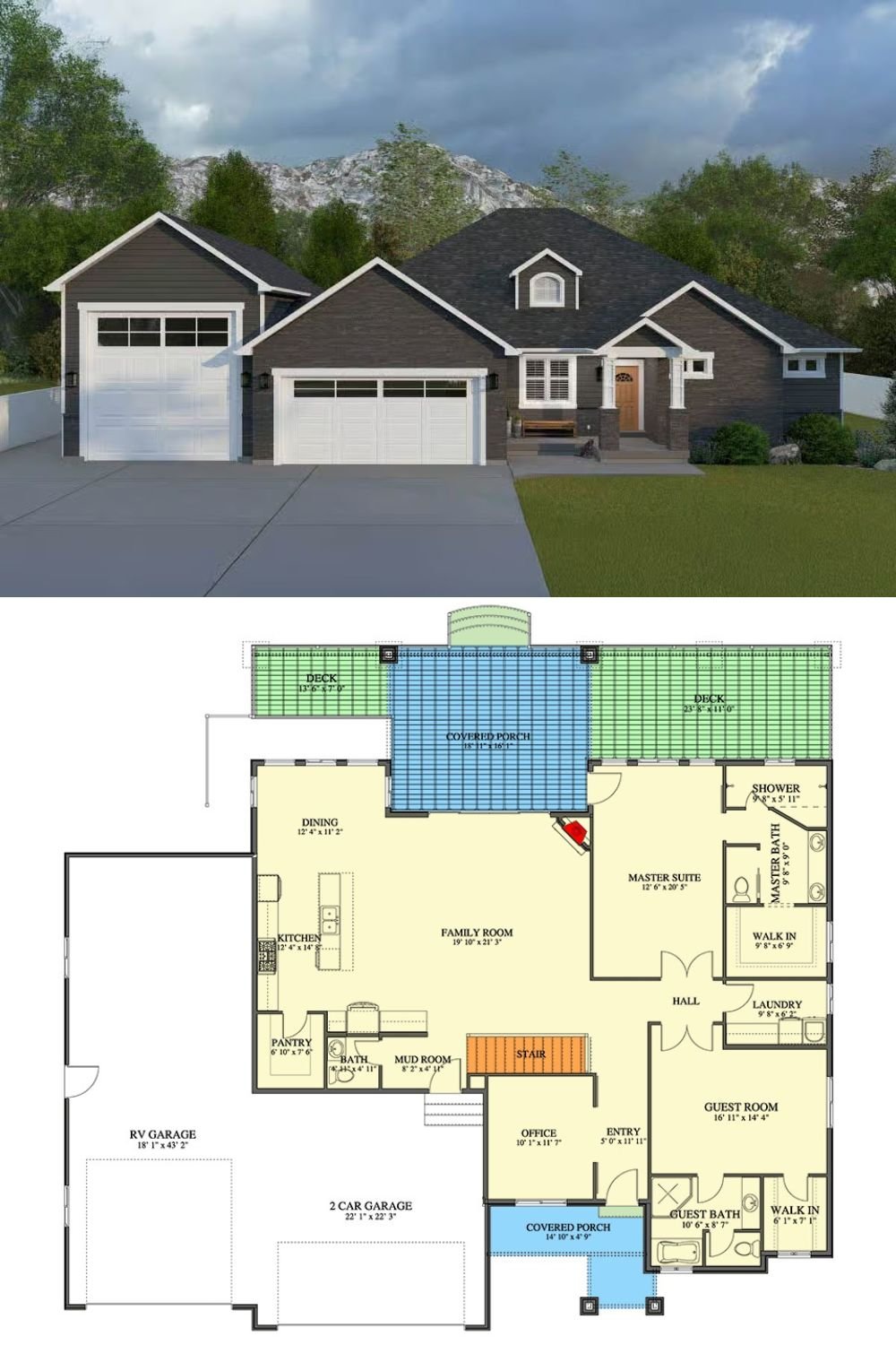 Traditional-Style 2-Bedroom Home with RV Garage and Basement Expansion (Floor Plan)