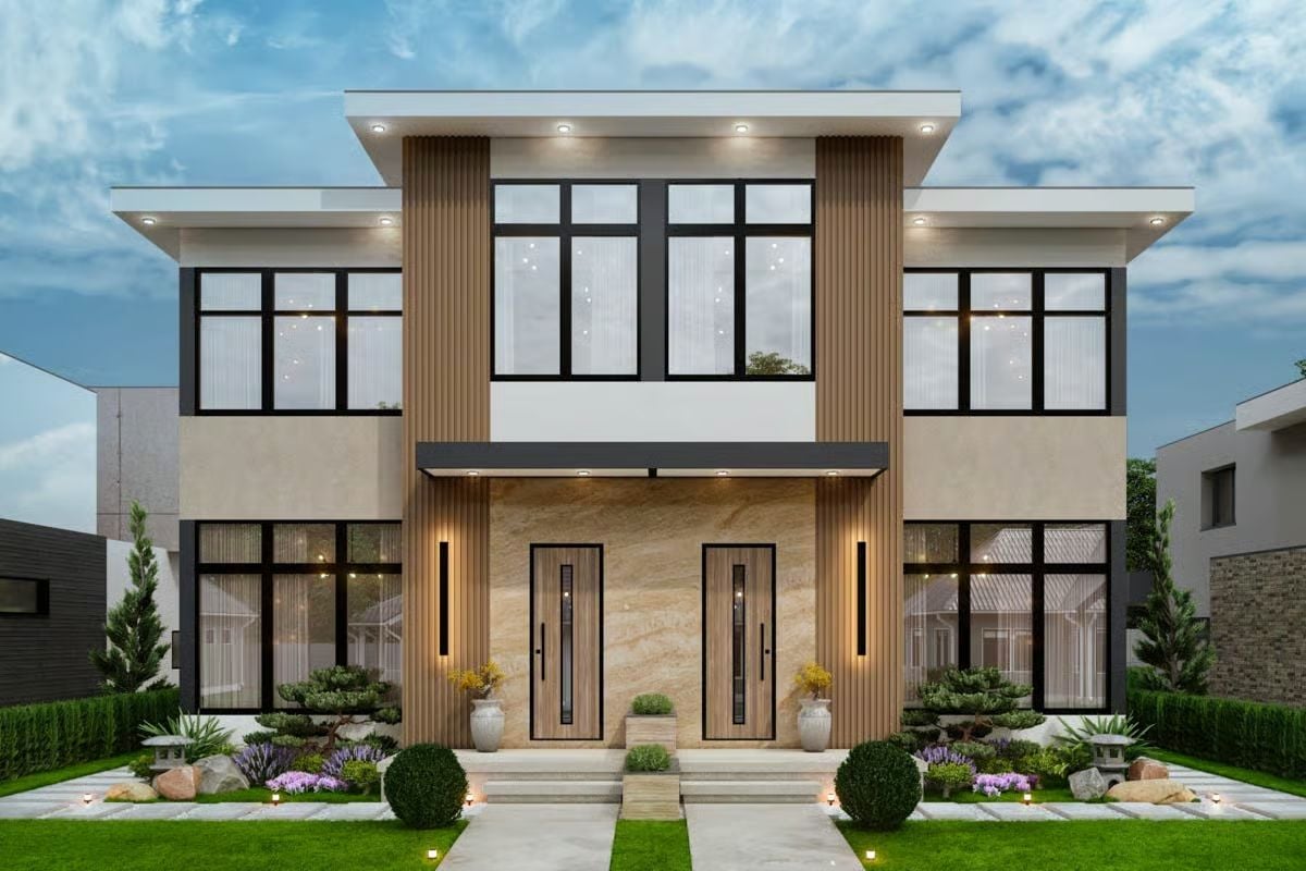 Contemporary-Style Duplex with Covered Patios and Private Balconies (Floor Plan)