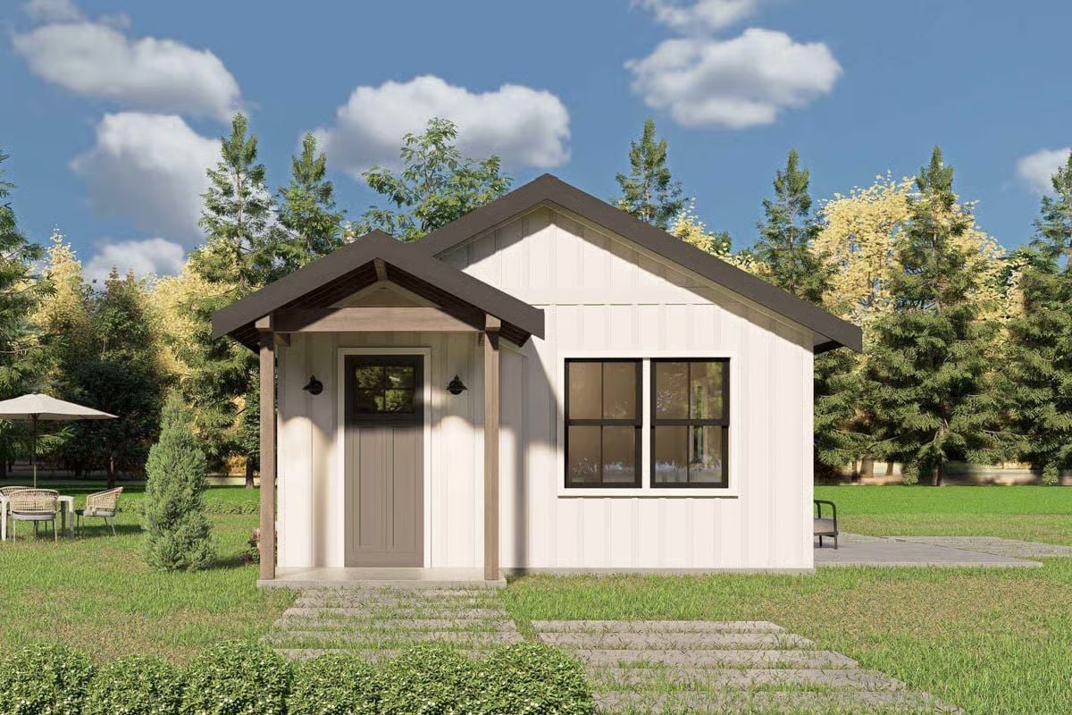 Farmhouse-Style 1-Bedroom ADU with Covered Front Porch (Floor Plan)