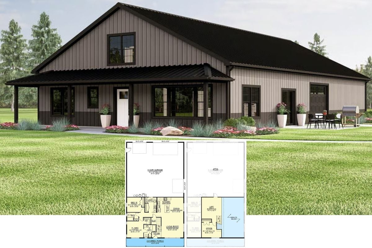 Barndominium-Style 3-Bedroom Home with Loft and Front Porch (Floor Plan)