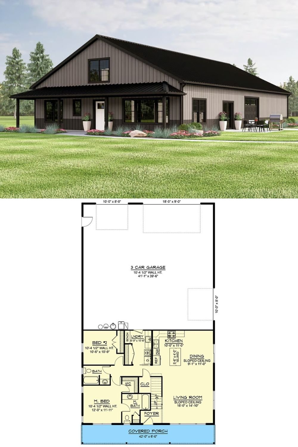 Barndominium-Style 3-Bedroom Home with Loft and Front Porch (Floor Plan)