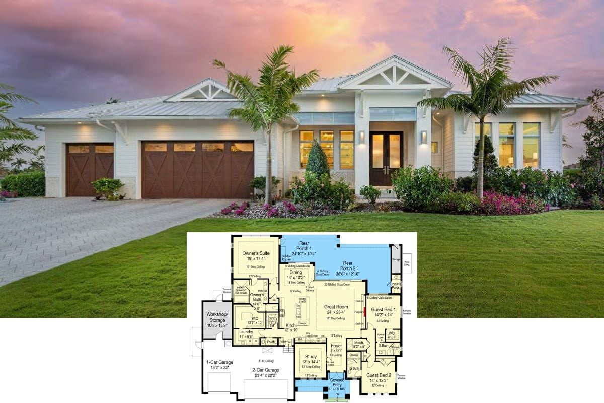 Coastal 3-Bedroom Contemporary Home with Wet Bar and 3-Car Garage (Floor Plan)
