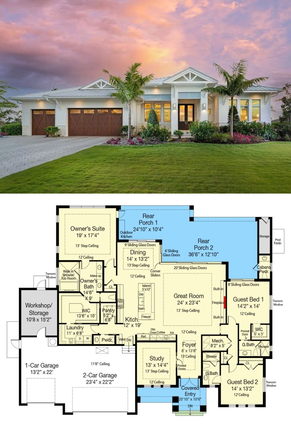 Coastal 3-Bedroom Contemporary Home with Wet Bar and 3-Car Garage (Floor Plan)