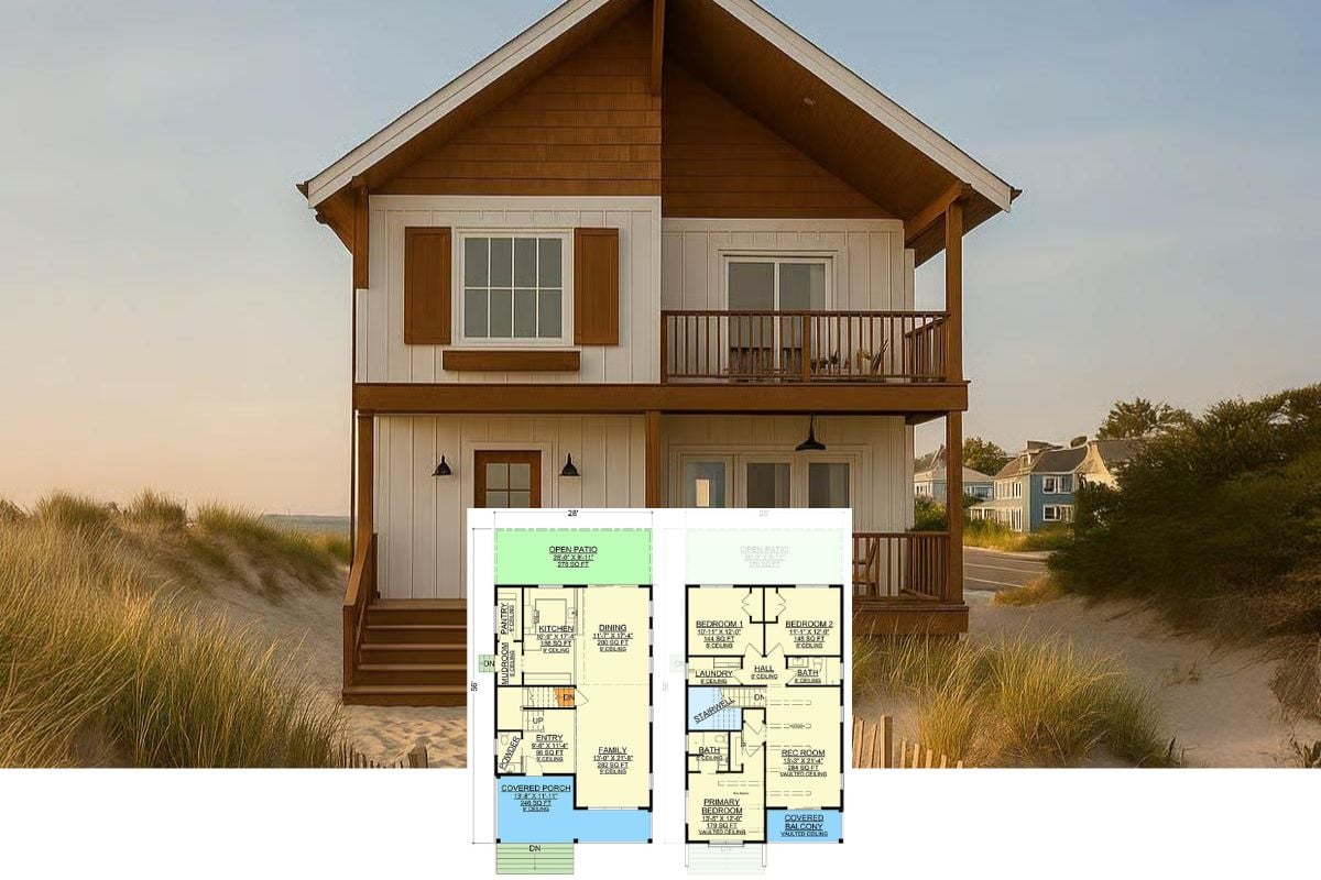 Coastal 3-Bedroom Retreat House for a Narrow Lot with Balcony (Floor Plan)