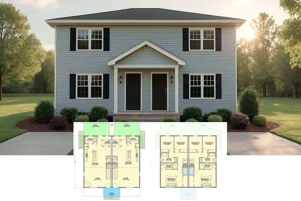 Colonial-Style Duplex with 3-Bedroom Units and an Open-Concept Living (Floor Plan)