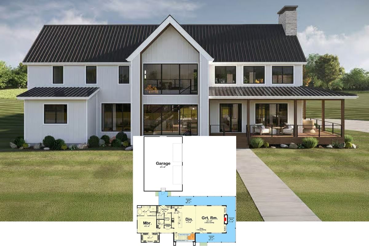 Contemporary-Style 5-Bedroom Barndominium with Loft, In-Law Suite, and Wraparound Deck (Floor Plan)
