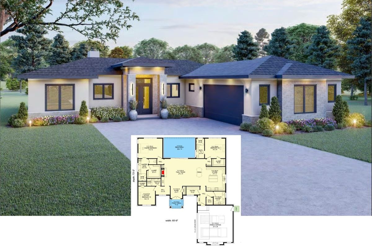3-Bedroom Contemporary Prairie Home with Open Floor Plan and Courtyard Garage (Floor Plan)
