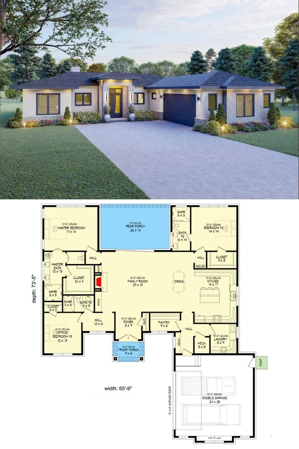 3-Bedroom Contemporary Prairie Home with Open Floor Plan and Courtyard Garage (Floor Plan)