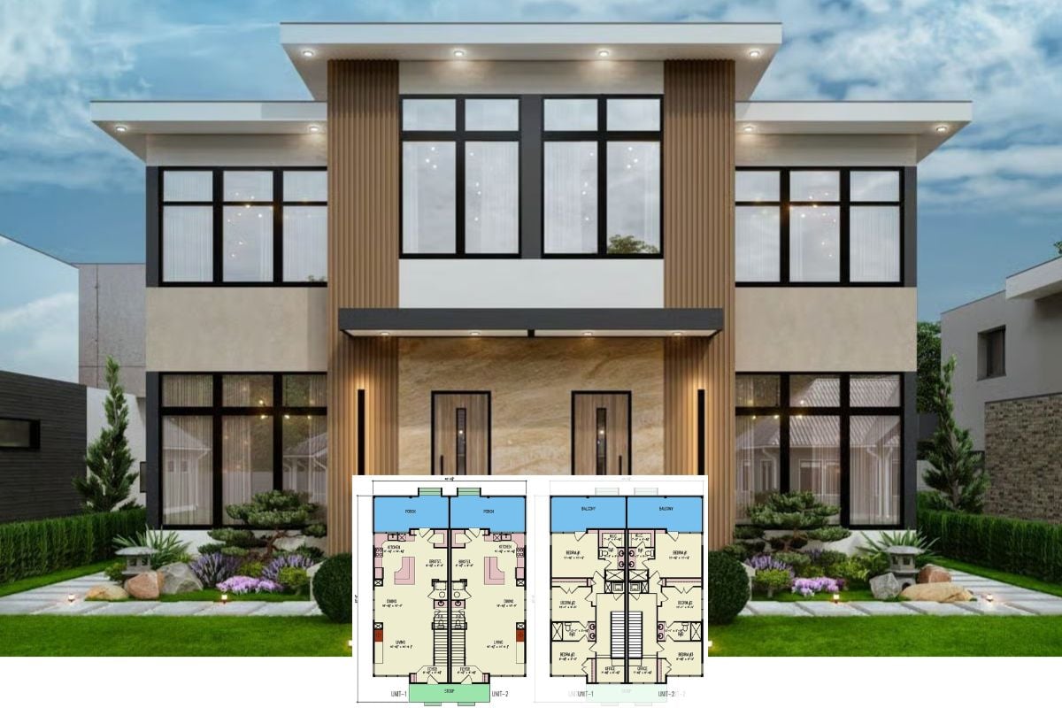 Contemporary-Style Duplex with Covered Patios and Private Balconies (Floor Plan)
