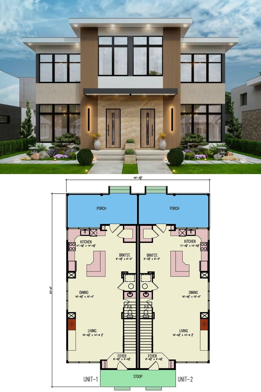 Contemporary-Style Duplex with Covered Patios and Private Balconies (Floor Plan)