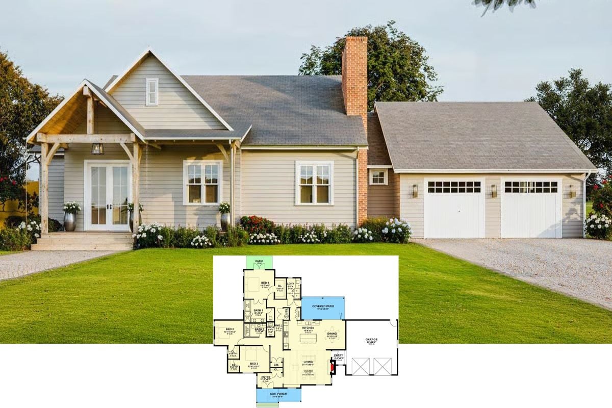 3-Bedroom Cottage Farmhouse with Open Living Space and Double Garage (Floor Plan)