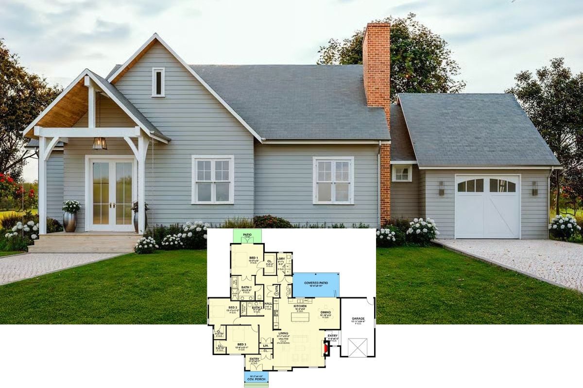 Cottage-Style 3-Bedroom Farmhouse with Open Floor Plan and Covered Patio (Floor Plan)