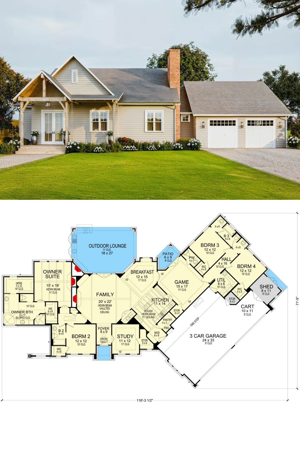 3-Bedroom Cottage Farmhouse with Open Living Space and Double Garage (Floor Plan)