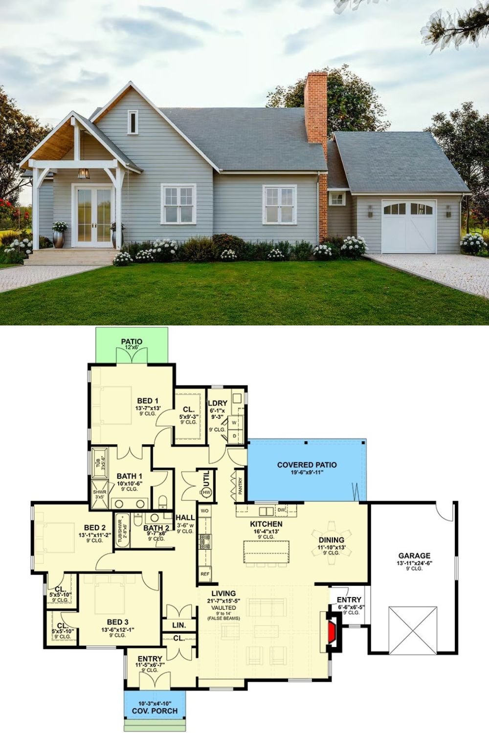 Cottage-Style 3-Bedroom Farmhouse with Open Floor Plan and Covered Patio (Floor Plan)