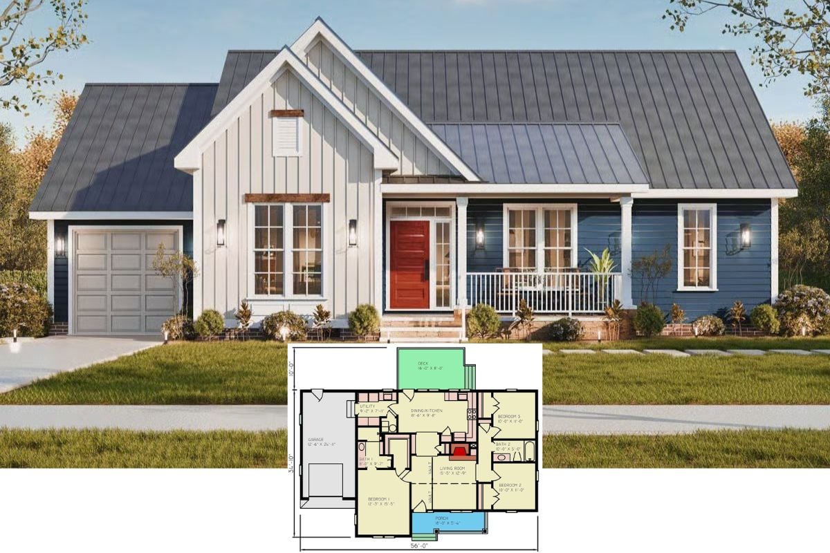 Country-Style Home with 3 Bedrooms and a Front Porch (Floor Plan)